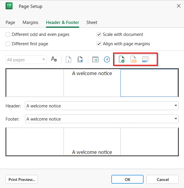 Customize header and footer in Sheets OfficeSuite